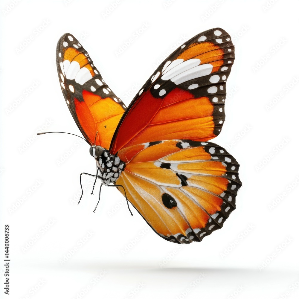 Obraz premium Radiant Monarch: Capture the elegance of a Monarch butterfly in flight, a vivid display of nature's artistry, its wings adorned with intricate patterns and a captivating play of orange, black.