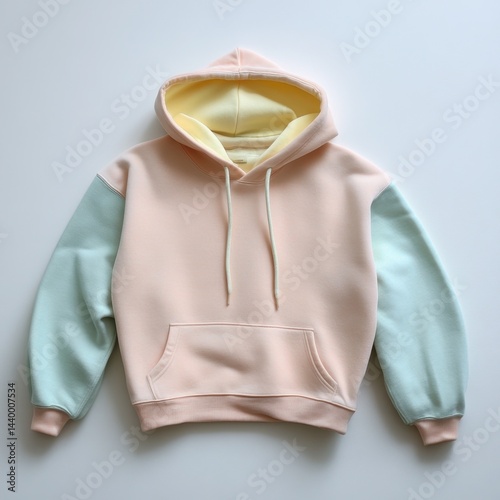 Soft colorblock hoodie with peach body, mint sleeves, and yellow inner hood for a playful casual look

 photo