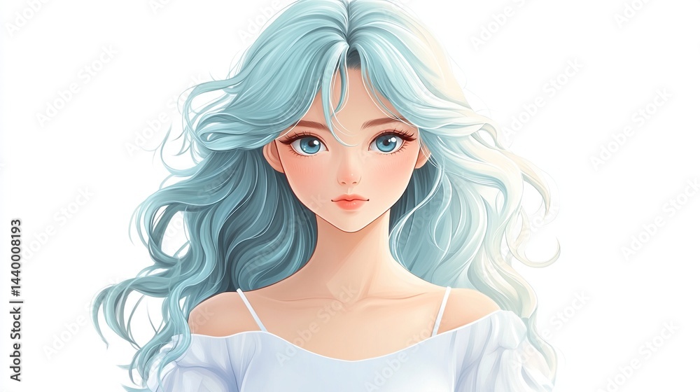 Portrait of a beautiful woman with long, wavy light blue hair and fair skin, wearing a white off-the-shoulder top. Portrait of a beautiful woman with long, wavy light blue hair and fair skin, wearing a white off-the-shoulder top.