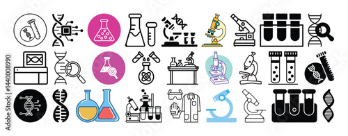 Set of Scientific Research, Laboratory, Microscope, Test Tubes, Biochemistry and DNA Sequencing icon set collection vector design.