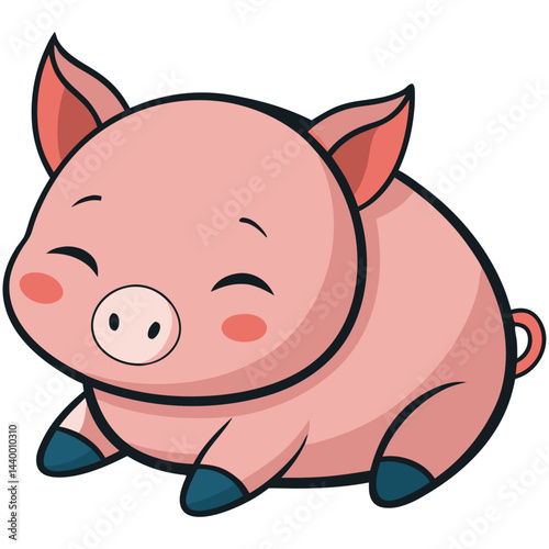 Cute and round cartoon pig character sitting happily with a big smile, ideal for farm, animal, or children's content.
