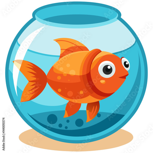 Cheerful cartoon goldfish swimming in a round fishbowl