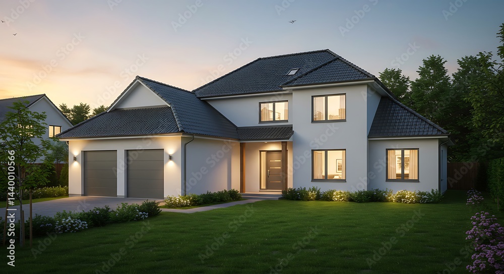 Obraz premium A contemporary two-story Gussek Haus model home with a dark roof and integrated two-car garage is softly illuminated at dusk, showcasing its clean lines and modern aesthetic.