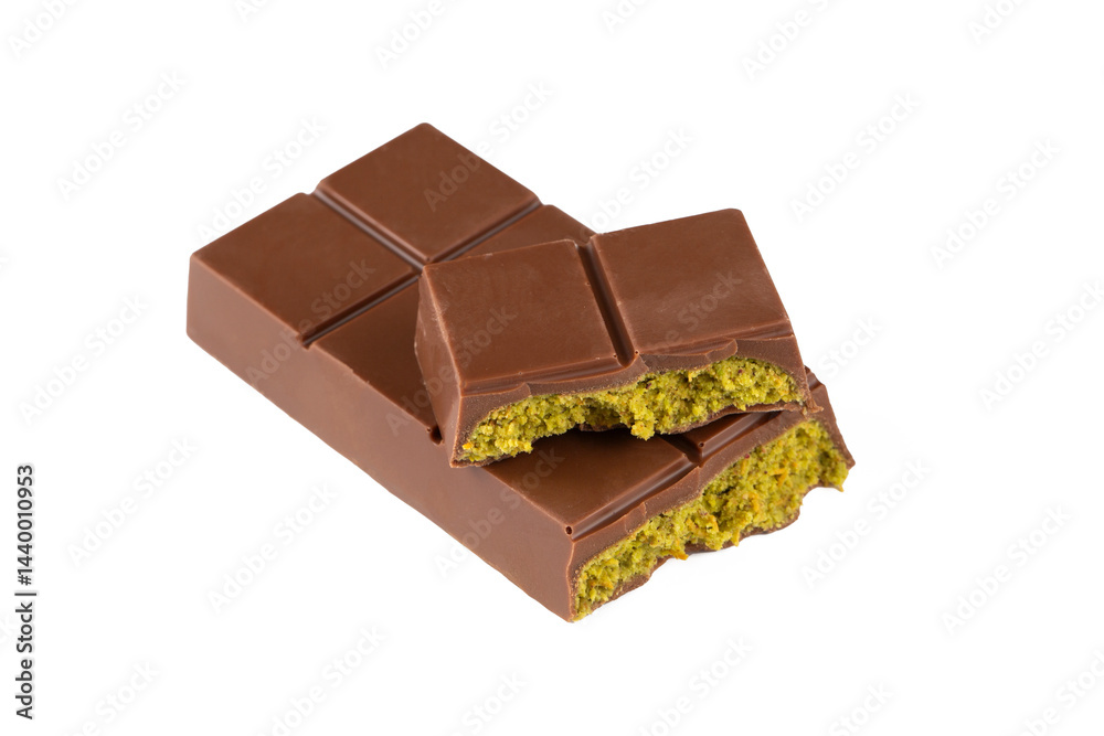 Fototapeta premium Dubai chocolate, milk chocolate filled with pistachio paste and kunefe