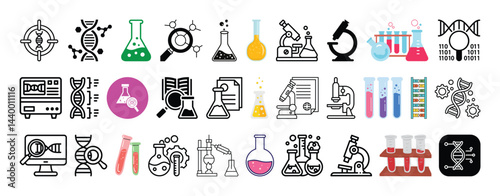 Set of Scientific Research, Laboratory, Microscope, Test Tubes, Pathology and DNA Sequencing icon set collection vector design.