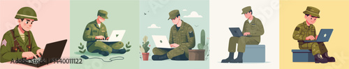 soldier character vector playing laptop