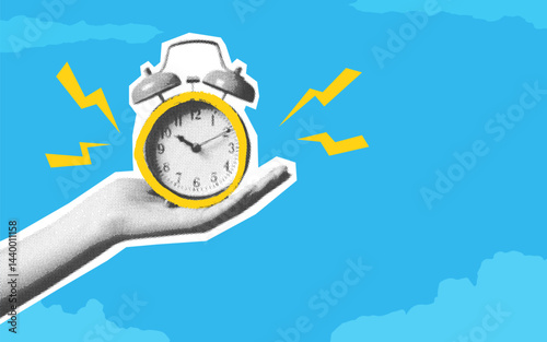 Collage with halftone hands holding alarm clocks. Ringing alarm clock. Newspaper elements on blue background with empty place