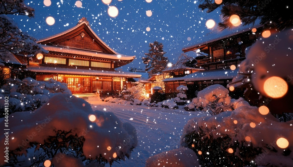 Snowy Japanese temple at night Snowy Japanese temple at night