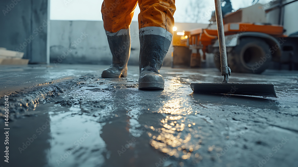 Construction Worker Smoothing Concrete Floor Construction Worker Smoothing Concrete Floor