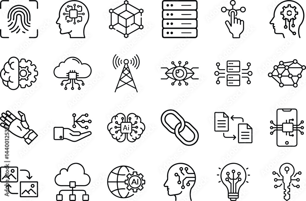 Obraz premium Cloud Computing, Artificial Intelligence, and Technology Line Icons – Modern Vector Set