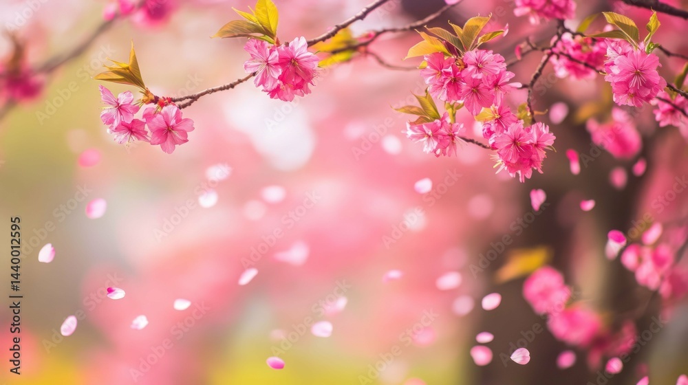 Vibrant cherry blossoms and falling petals create a soft, romantic spring scene. Vibrant cherry blossoms and falling petals create a soft, romantic spring scene.