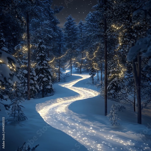Winter wonderland with illuminated snow trail winding through forest of trees