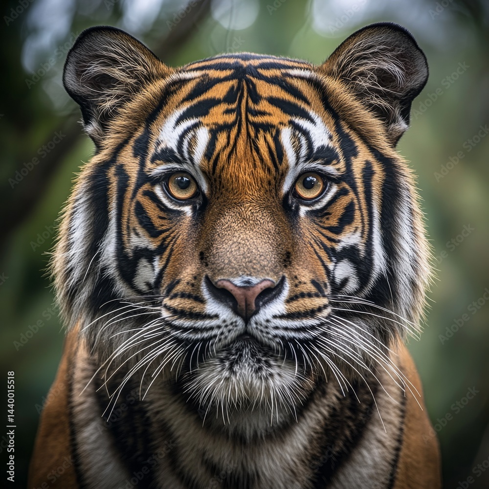 Fototapeta premium A breathtaking closeup of a Bengal tiger its piercing amber eyes staring directly into the camera 