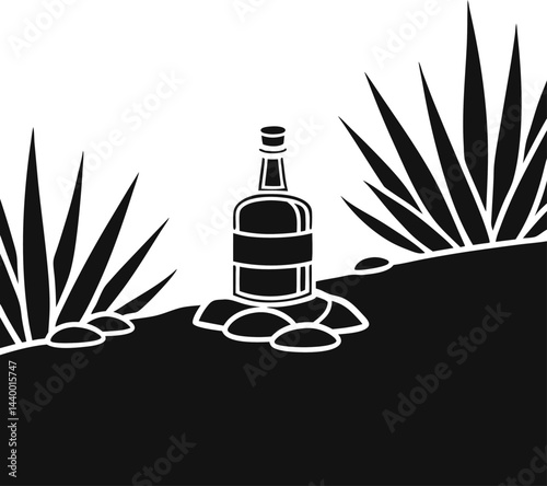 A bottle of mezcal placed on a bed of rocky soil.
