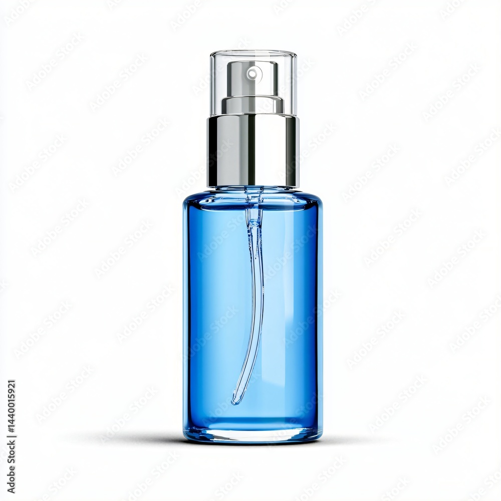 Blue cosmetic spray bottle with chrome cap on white background, isolated packaging mockup Blue cosmetic spray bottle with chrome cap on white background, isolated packaging mockup