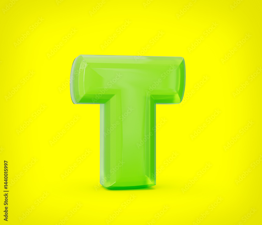 Green colorful shiny jelly alphabet T isolated on yellow background. 3d illustration Green colorful shiny jelly alphabet T isolated on yellow background. 3d illustration
