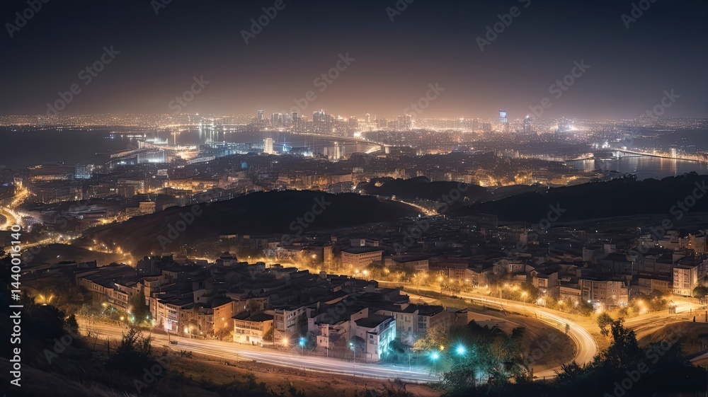 view of the city full of lights at night seen from the top of the hill view of the city full of lights at night seen from the top of the hill
