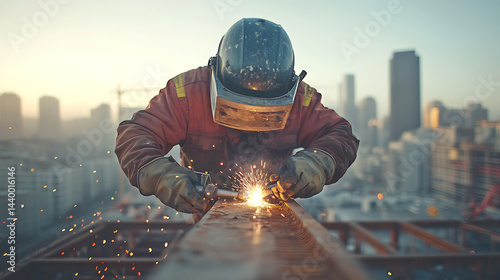 Construction Worker Welding on a High-Rise Building