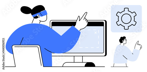 Two individuals engaging in a tech-focused workspace. Display highlights gear icon for setup. Ideal for tech teamwork, innovation, data analysis, problem-solving, digital strategy, product design