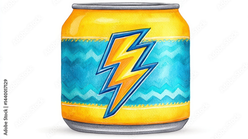 Obraz premium Yellow Aluminum Can with Blue Lightning Bolt Design Watercolor Illustration