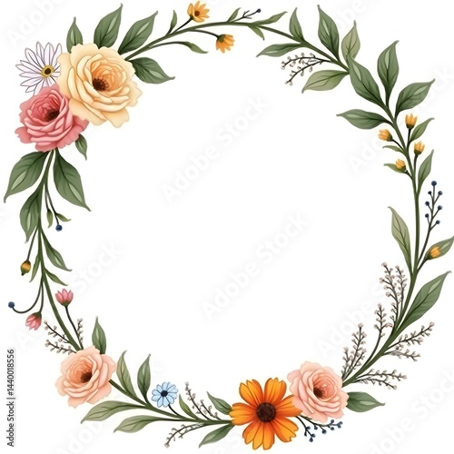 Elegant Floral Wreath Border with Colorful Flowers and Green Leaves on White Background