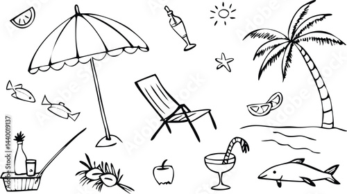Beach Vacation Doodle Art: Palm Tree, Umbrella, Chair, Drinks, Dolphin Sketches