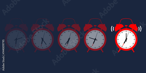 Many alarm clocks turned off, and one ringing at 7:00 a.m.