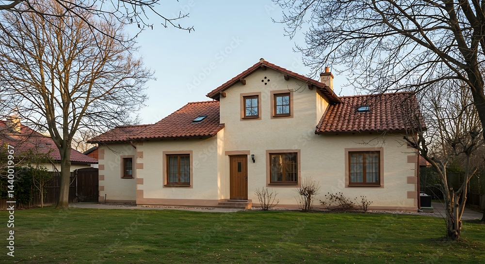 Fototapeta premium A charming, uniquely designed holiday home with a light-colored facade, red tiled roof, and warm wooden window frames is nestled in a serene setting, possibly in Willersdorf and featuring spa amenitie