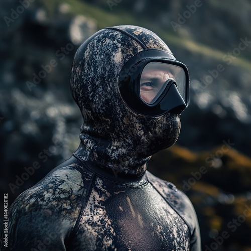 Freediver in Camouflage Wetsuit