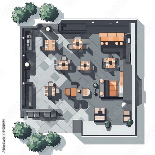 Restaurant floor plan with top view.