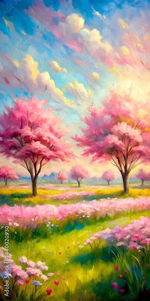 Fototapeta premium Springtime Meadow with Cherry Blossom Trees