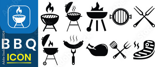 BBQ icon set. Silhouette of BBQ grill icon set. Basket lunch, garden-party,  grilled salmon, sausage, vegetables, meat steak and shrimp. Vector illustration. 
