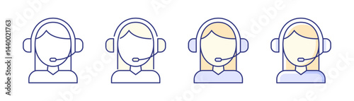 Call center worker outline and colored icons with editable stroke. Customer service operator with headset. Vector illustration