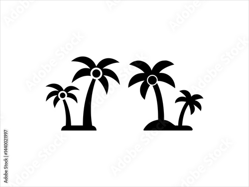 This image features a black and white silhouette of three palm trees of varying heights against a plain white background.