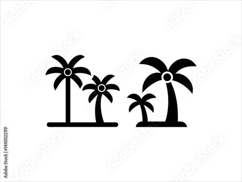 This image features a black and white silhouette of three palm trees of varying heights against a plain white background.