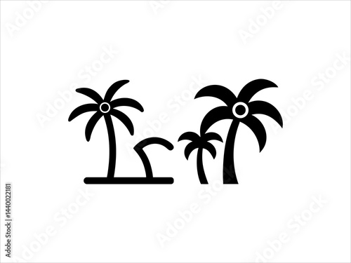 This image features a black and white silhouette of three palm trees of varying heights against a plain white background.