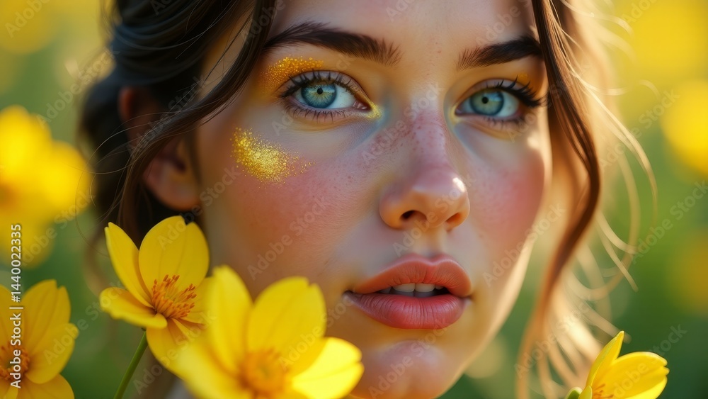 Attractive Woman Among Yellow Cosmos Flowers Attractive Woman Among Yellow Cosmos Flowers
