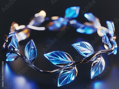Futuristic vine bracelet entwined with glowing liquid crystal petals and metallic leaves