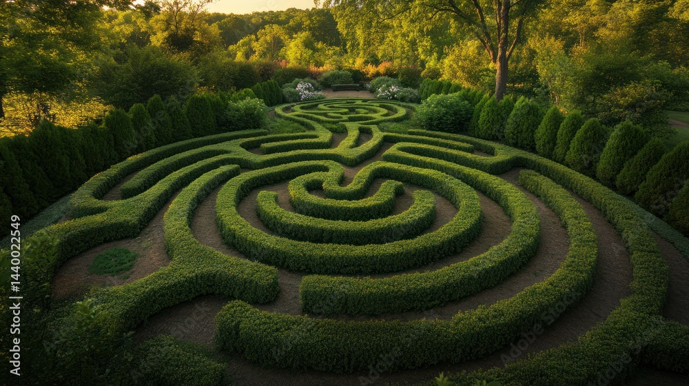 A Serene Green Labyrinth in a Lush Garden