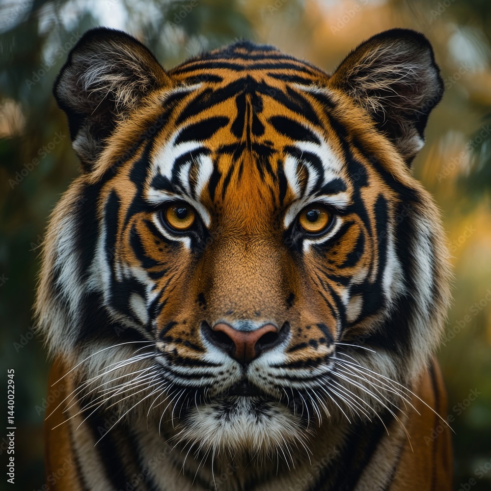 Fototapeta premium A breathtaking closeup of a Bengal tiger its piercing amber eyes staring directly into the camera The intricate details of its vibrant orange and black striped fur are accentuated