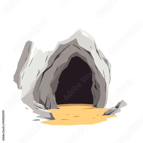 Vsai stone cave entrance with sand and rocks leading into darkness