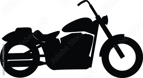 Black silhouette of a cruiser motorcycle, featuring a relaxed seating position and classic styling. Ideal for transportation graphics, biker lifestyle designs, and retro motorbike illustrations.