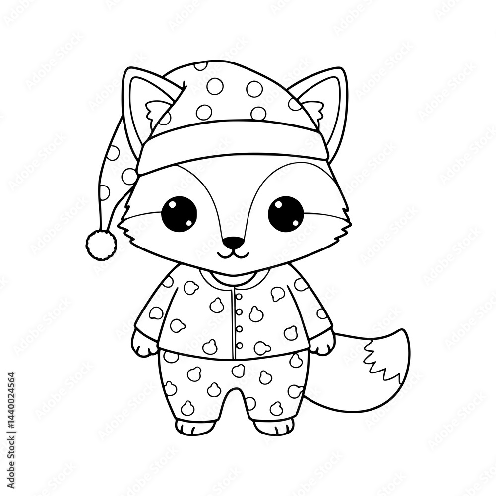 Cute little fox illustration using pajamas. Fox coloring page 