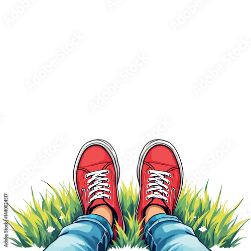 Vsai woman relaxing on grass wearing red sneakers and blue jeans