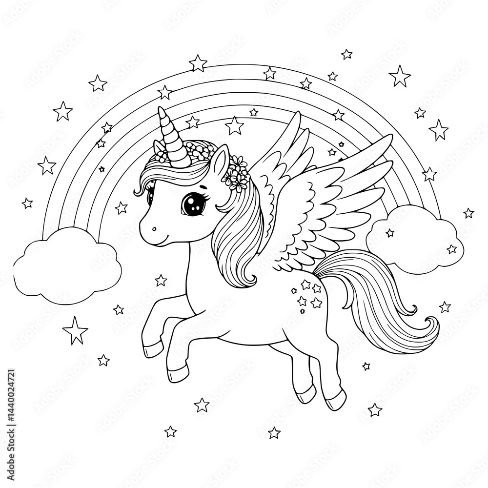 Fototapeta premium A beautiful Unicorn vector illustration in the sky with rainbow. Coloring page for kids