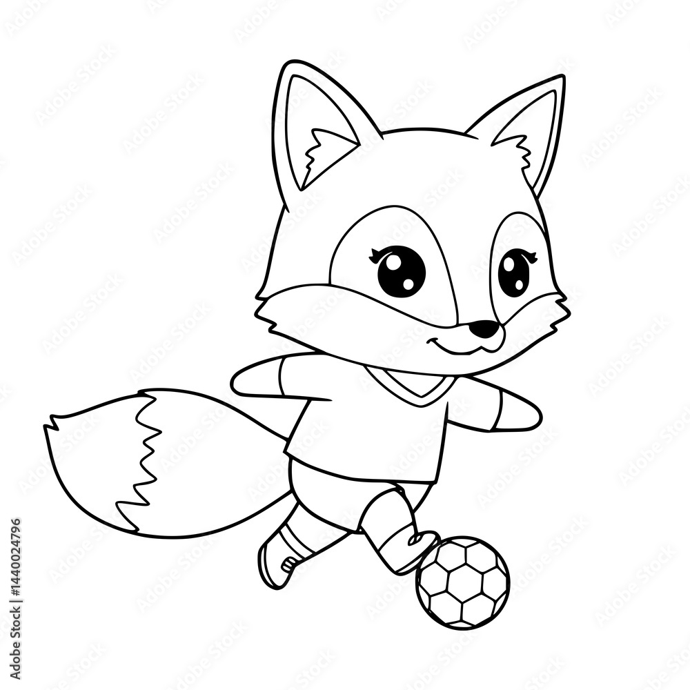 Obraz premium Cute little fox illustration playing football. Fox coloring page 