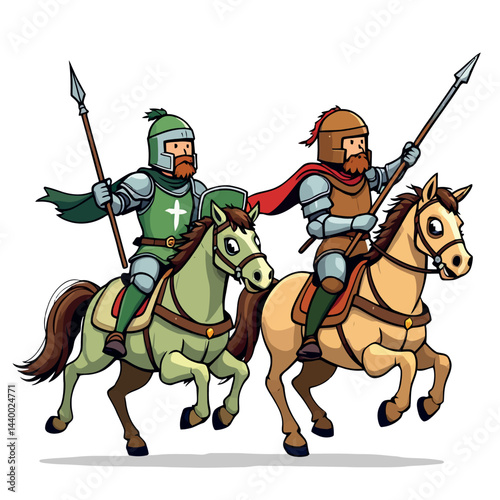 Vsai two medieval knights riding horses and holding spears