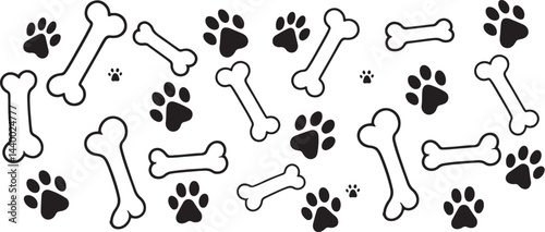 Dog Bone Line Art Vector Silhouette with Dog Paw Doodle Seamless Pattern
