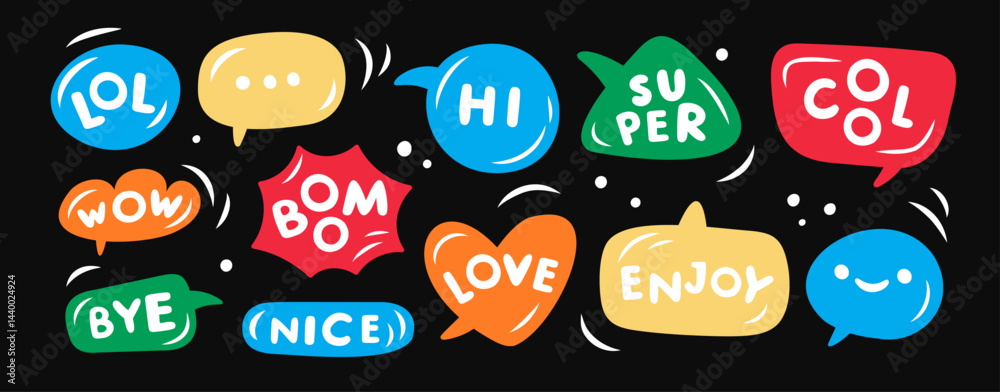 Speech bubbles words stickers. Funny text balloons, rounded chubby font, comic words, dialogue thought clouds, color talk frames, communication box with comments, garish vector cartoon set