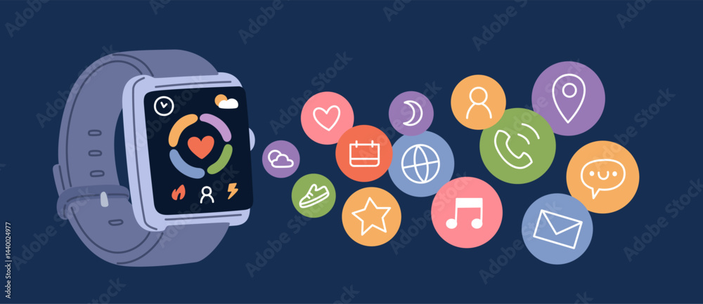 Smartwatch functions. Modern watch technology, digital communication, sport, healthy lifestyle, fitness gadget, wristwatch with silicone bracelet, application icons, garish vector concept